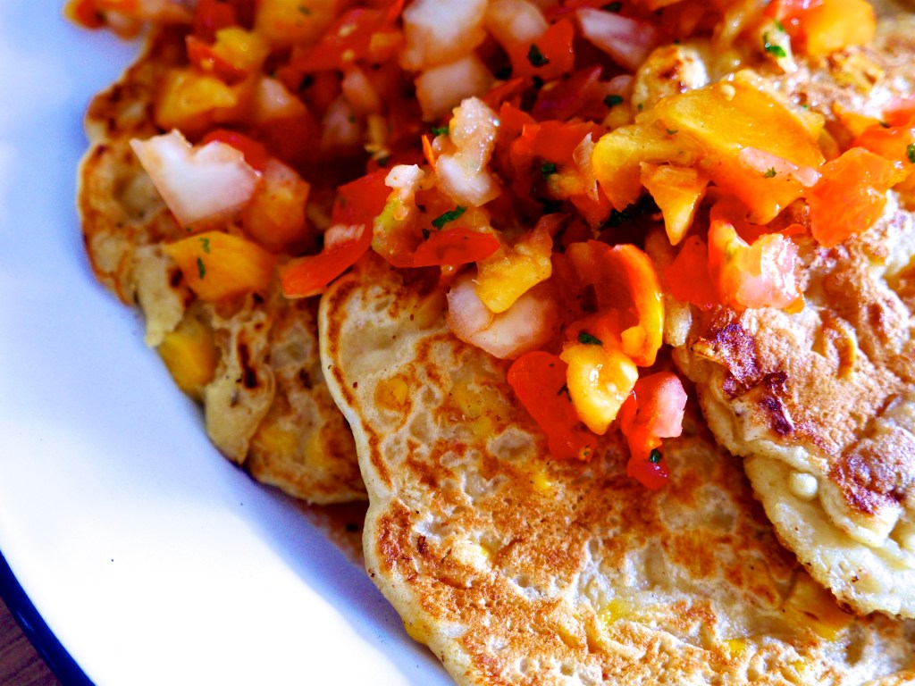 Vegan Sweetcorn Fritters + Summer Peach&nbsp;Salsa